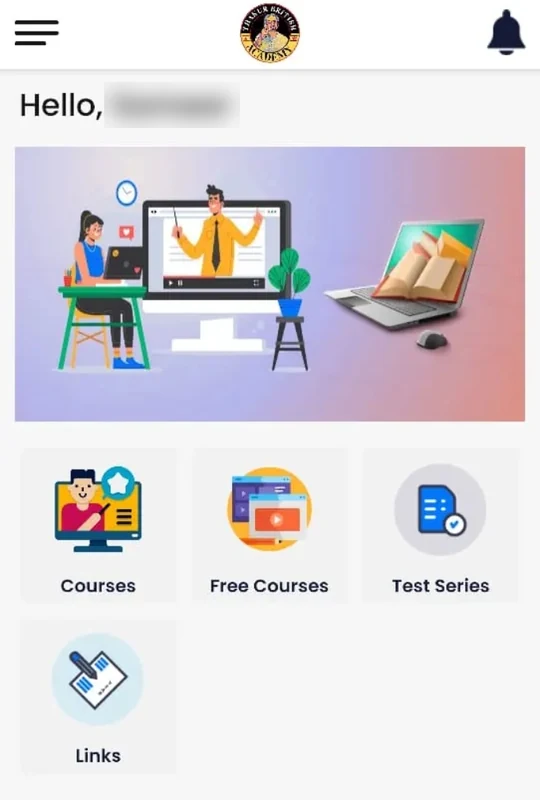 App home screen with Courses, Free Courses, Test Series and Links